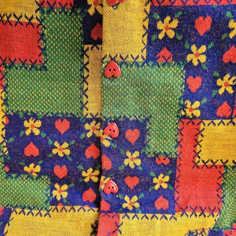 Retro 70s Girls Jacket Patchwork Floral Heart Buttons Knit Hooded Sz 3T 4T 1970s